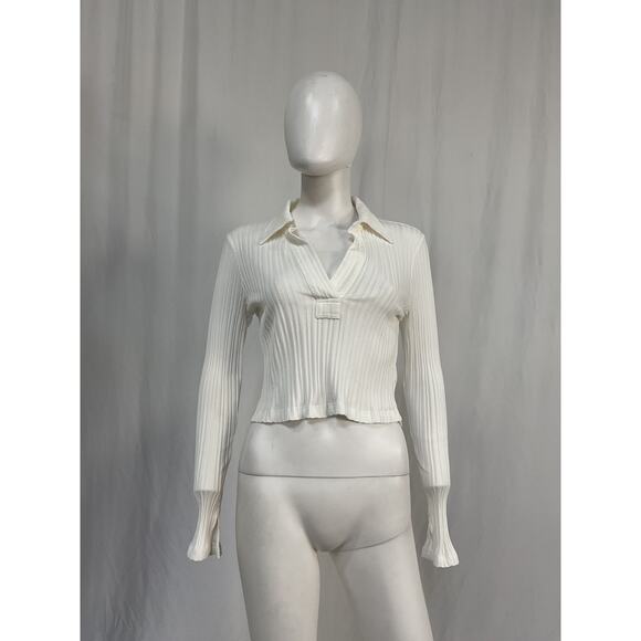 Helmut Lang Long Sleeve White Cotton Crop Polo Top Size L - Picture 2 of 5